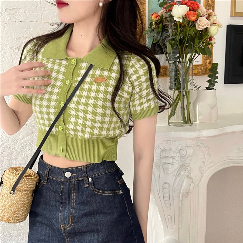 Áo cardigan XIAOZHAINV dáng ngắn dệt kim cổ polo tay ngắn họa tiết kẻ sọc phong cách Hàn Quốc xinh xắn cho nữ