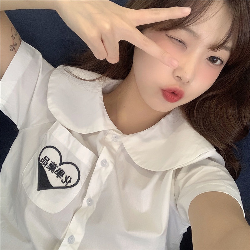 Yunyun Clothing Home ~ Summer College Style Embroidery Design Feeling Thin Shirt Baby Collar Shirt + Pants Two Piece Set[delivery Within 15 Days ]