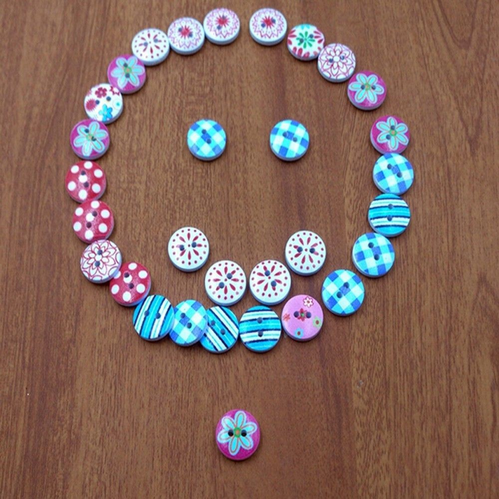 Set 100 Nút Gỗ Tròn 15mm 2 Lỗ In Họa Tiết Nhiều Họa Tiết Làm Đồ Thủ Công Diy Mới