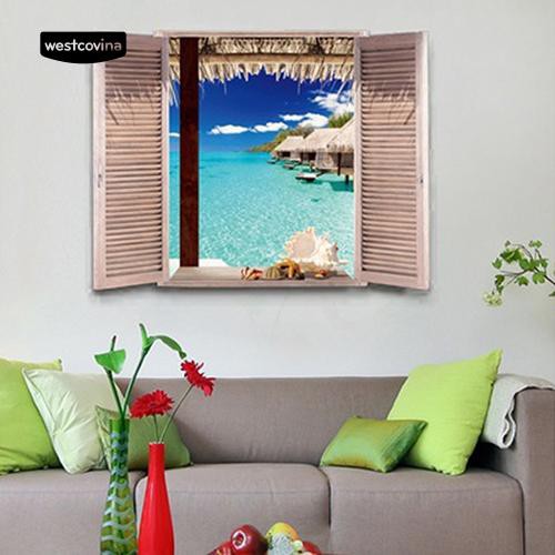 Giấy dán tường trang trí hình cửa sổ nhìn ra bãi biển