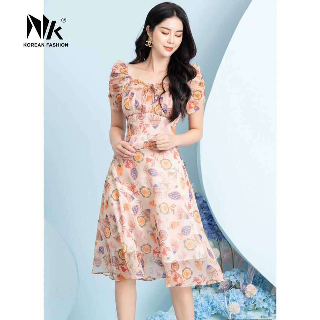 Đầm Hoa Xòe Phối Ngực Nhún NK Fashion Thiết Kế Cổ Vuông Nữ Tính, Chất Liệu Vải Cao Cấp NKDV2203009