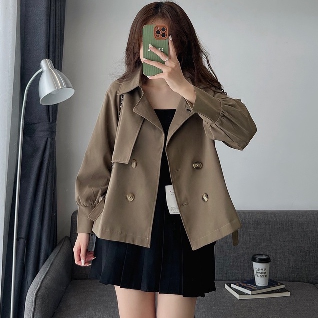 Áo Khoác Mangto hai lớp dáng ngắn croptop (Măng Tô) Đai Sườn, Áo Khoác Dáng Ngắn, dài Cổ Vest 2 lớp form rộng đai eo