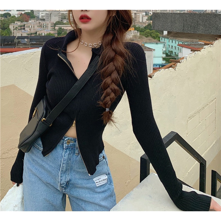 Áo croptop dệt kim tay dài phối khóa kéo đôi thời trang mùa thu quyến rũ thanh lịch cho nữ