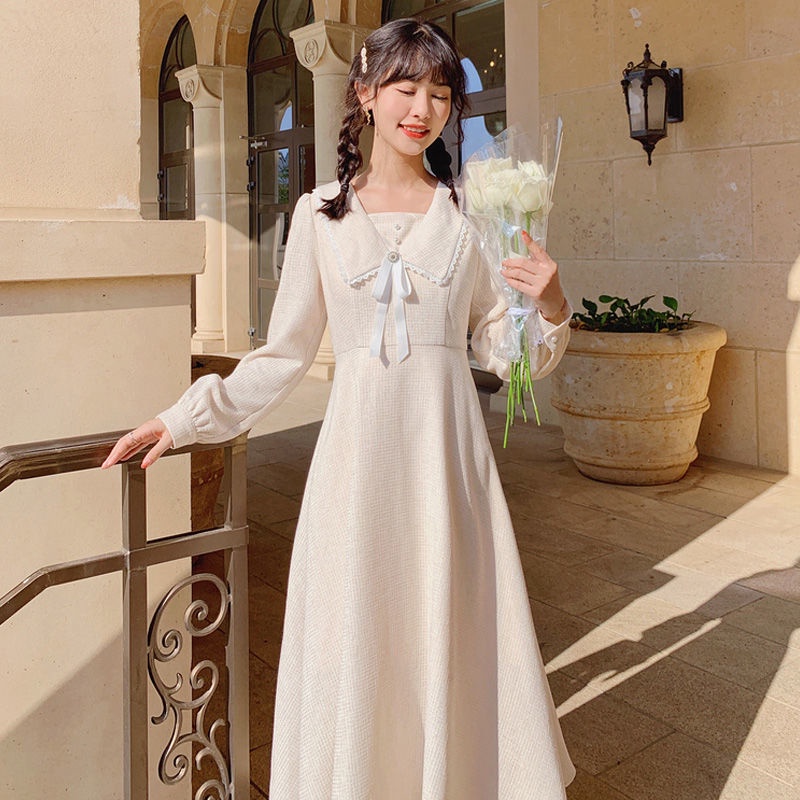 Đầm Trắng Dài Tay Chiết Eo Phong Cách Retro Pháp Thanh Lịch Cho Nữ