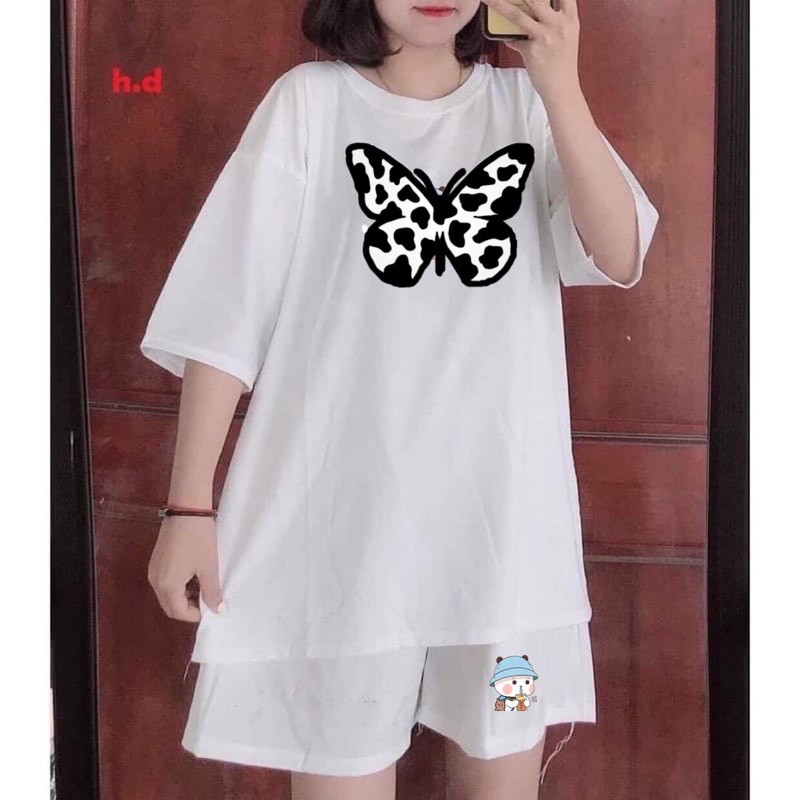 áo thun tay lỡ phom rộng in bươm bò sữa S M L XL XXL