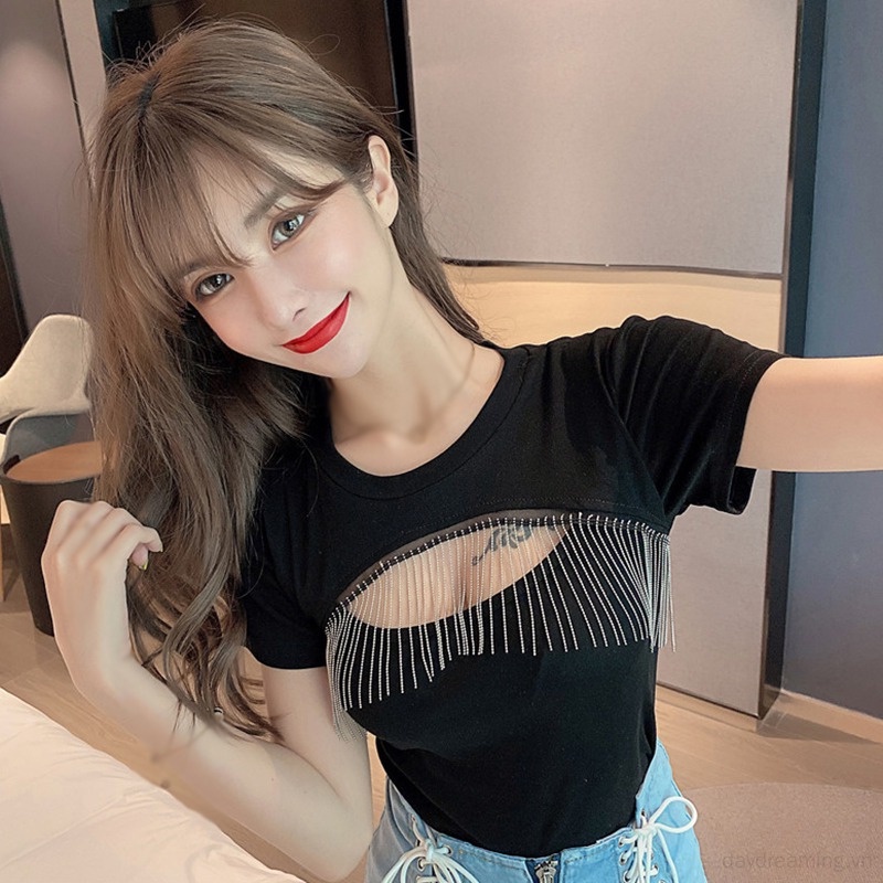 Áo Croptop Dệt Kim Tay Ngắn Dáng Ôm Phối Tua Rua Trọng Lượng Nhẹ Thời Trang Cho Nữ