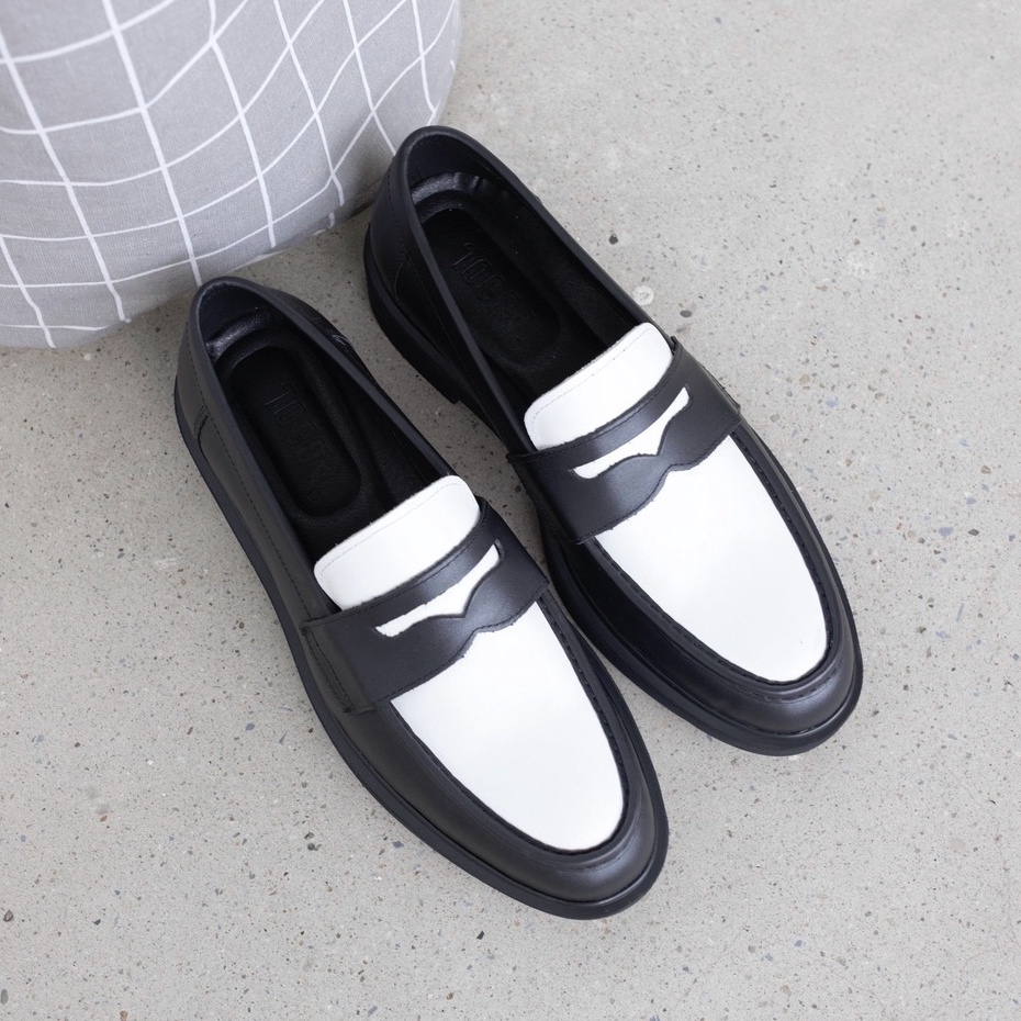 Giày Lười Nam Da Nguyên Tấm, Penny Loafer Black White Kiểu Dáng Thời Trang