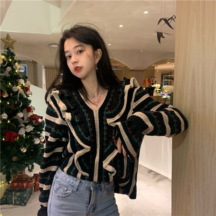 Áo sweater dệt kim cổ chữ V in hình thời trang mùa đông thịnh hành 176553