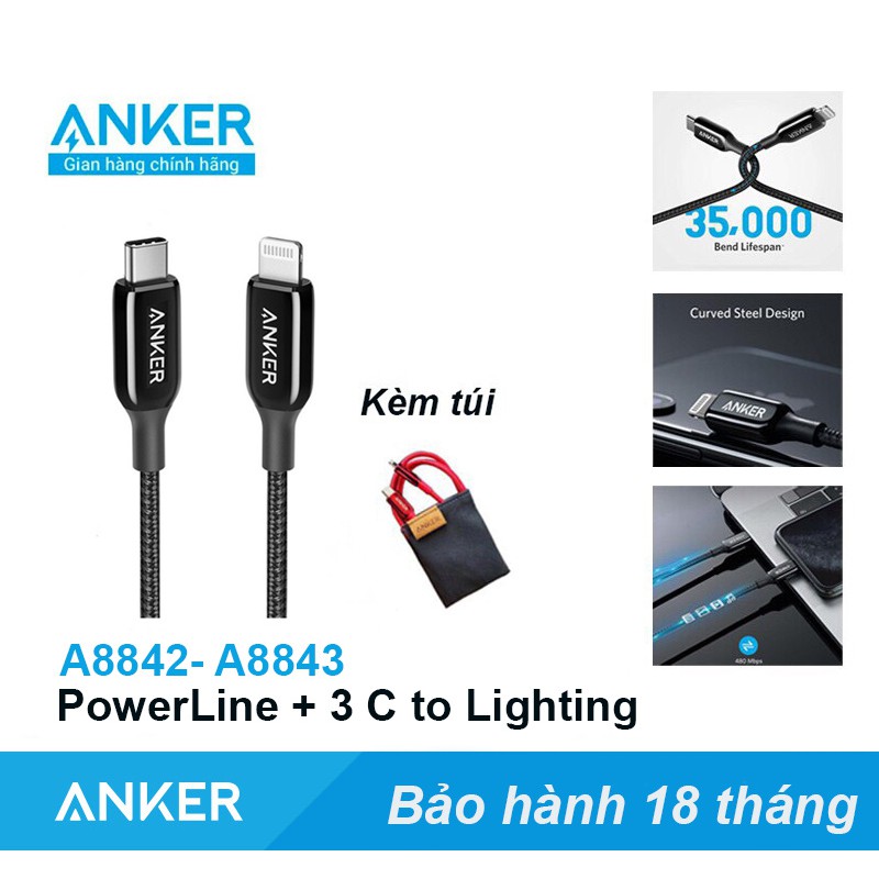 Cáp ANKER Powerline + 3 Usb C to Lighting  Sạc nhanh PD Iphone 18W 20W - Mã A8842 A8843