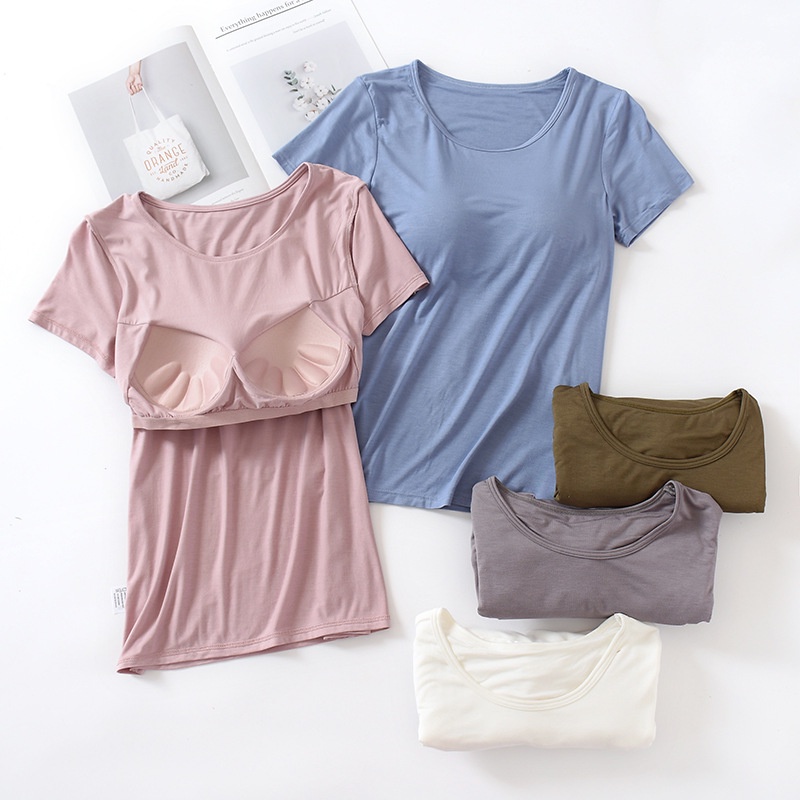 Áo Thun Thể Thao Tay Lửng Vải Cotton Nguyên Chất Có Miếng Lót Ngực Dành Cho Nữ Tập Yoga