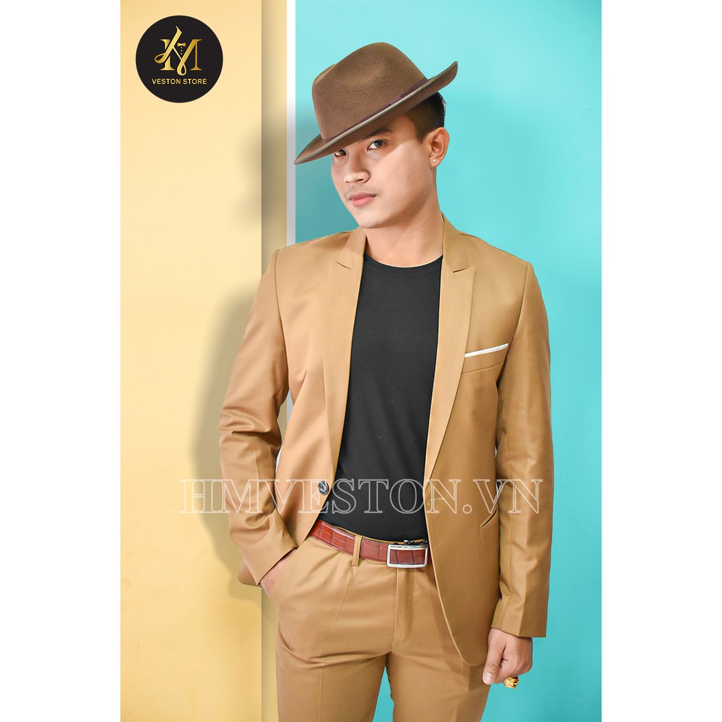 Bộ vest nam màu da bò chất vải mềm mịn + cà vạt nơ