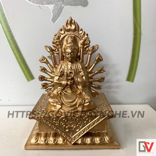 Tượng đá Phật bà Quan Âm nghìn mắt nghìn tay - 2 Mặt - Cao 12cm - Màu nhũ đồng