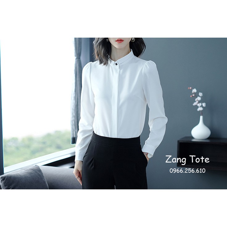 Áo sơ mi công sở nữ giấu cúc cổ polo cách điệu chất Mango Hàn cao cấp màu trắng sứ SMFH1 - Zang Tote