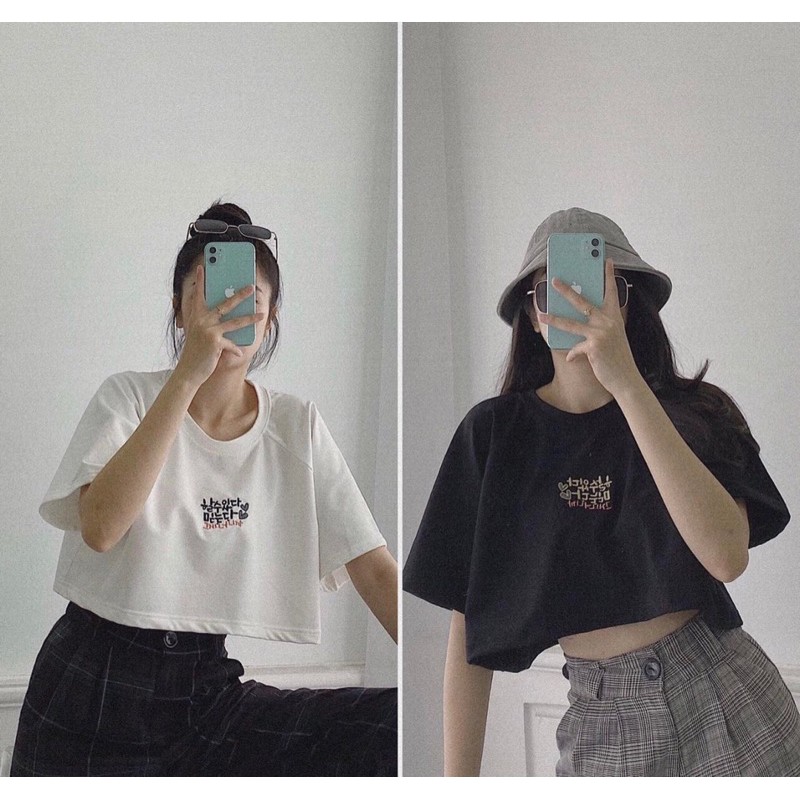 [FREE SHIP] Áo Thun Nữ Croptop, Áo Tay Lỡ Cotton Thêu Chữ Hàn