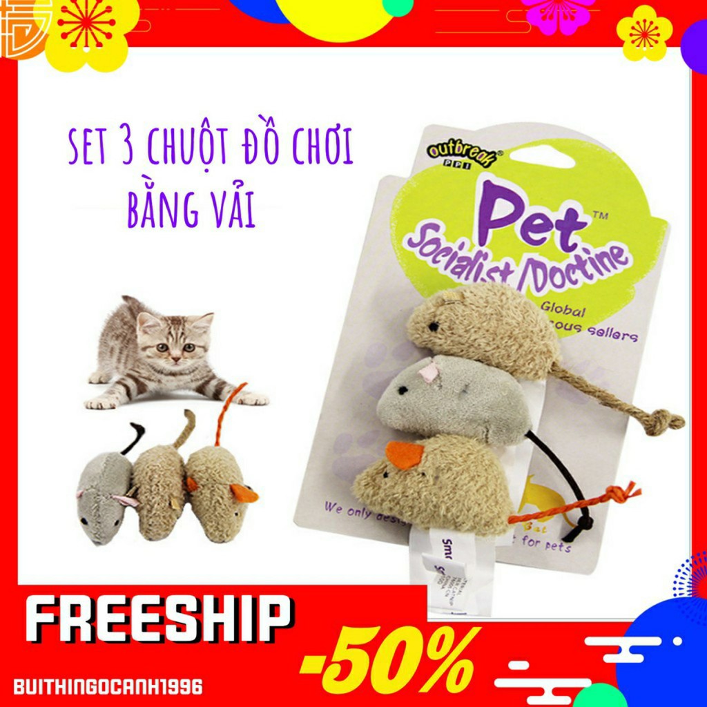 SET GỒM 3 CON CHUỘT BÔNG - ĐỒ CHƠI CHO THÚ CƯNG CHÓ MÈO