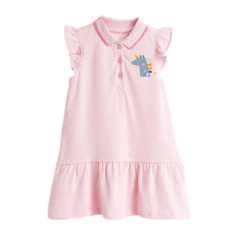 Đầm thun cotton đuôi cá hồng Little Maven, cổ Polo in hình Pony cho bé gái