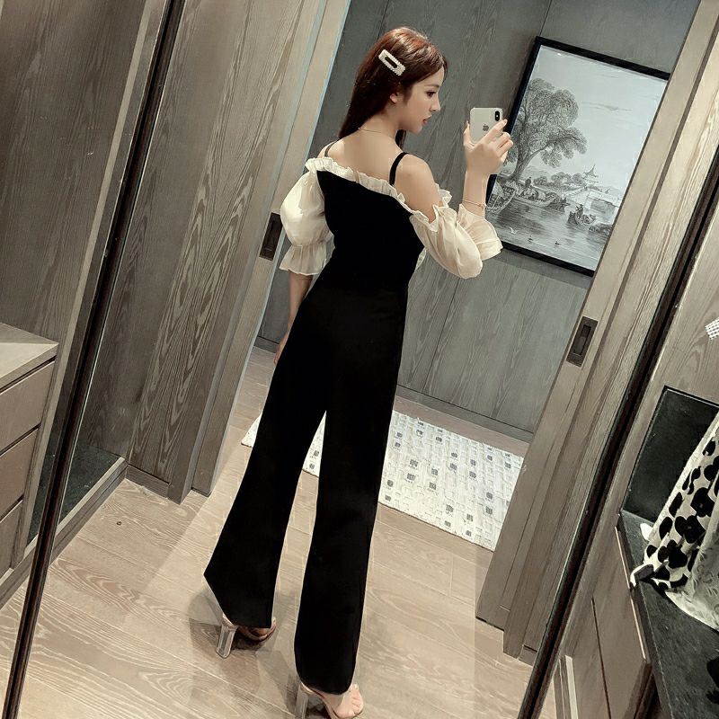 Jumpsuit quần ống rộng áo trễ vai bèo viền. Jumpsuit quần ống suông.