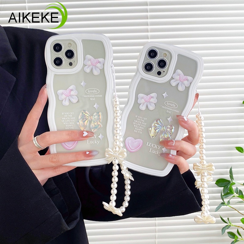 Ốp Điện Thoại TPU Mềm Trong Suốt Họa Tiết Gợn Sóng Đính Nơ 3D Có Vòng Tay Chuỗi Hạt Cho OPPO Reno 7 6 5G 5 Pro 4 R17 R15 4G