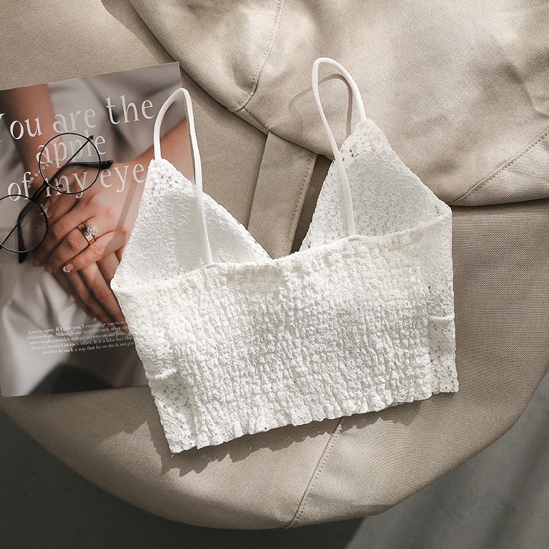 Áo 2 dây ren màu Đen Trắng phối nút bọc thời trang sexy Bra nữ dáng dài có mút đệm cao cấp FSHOPP5