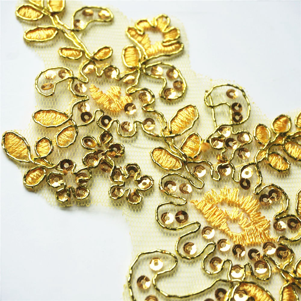 Set 2 Miếng Vải Ren Thêu Hoa Đính Kim Sa Lấp Lánh Dùng May Cổ Áo diy