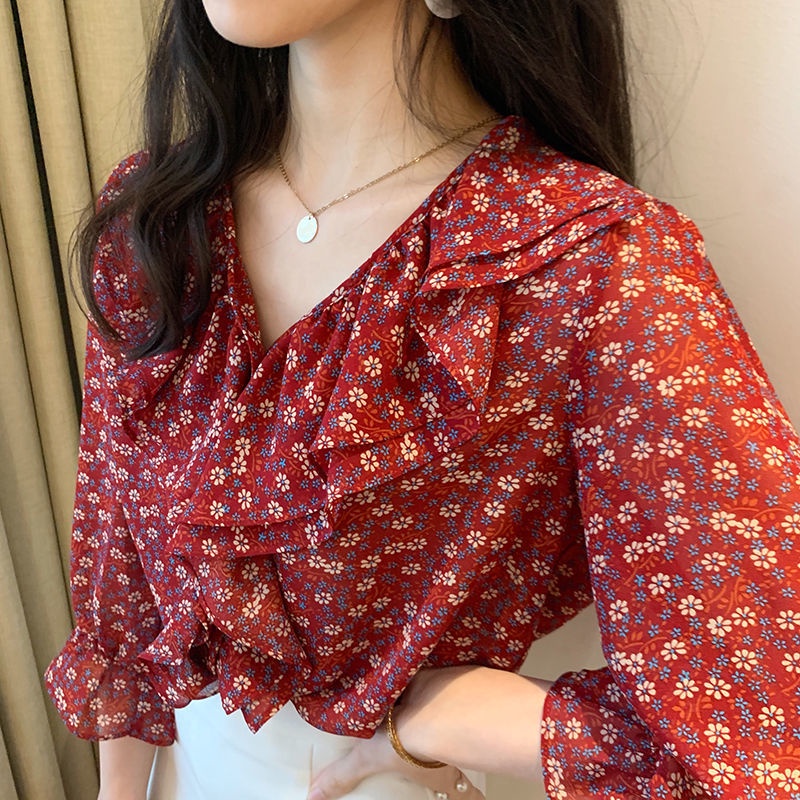 Áo Sơ Mi Chiffon Tay Loe 3 / 4 Cổ Chữ V In Hoa Phong Cách Hàn Quốc Thanh Lịch Cho Nữ