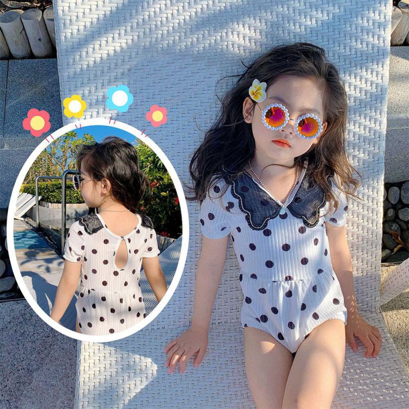 Bộ Đồ Bơi Cổ Búp Bê Phối Bèo Họa Tiết Chấm Bi Dễ Thương Cho Bé Gái