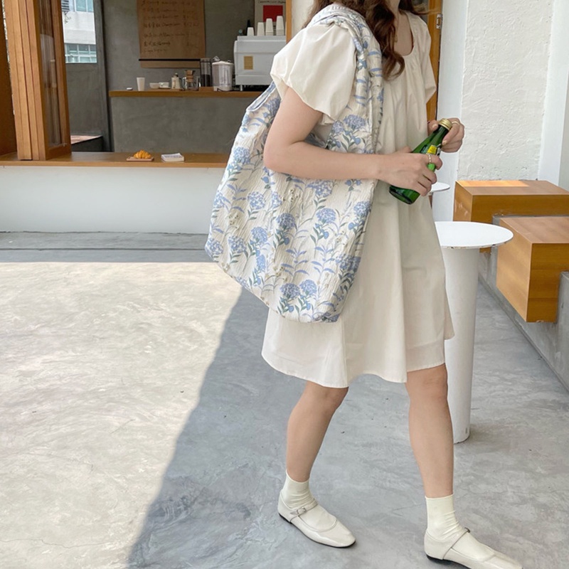 Túi Tote Đeo Vai Họa Tiết Hoa Xanh Dương Phong Cách Cổ Điển Thời Trang Cho Nữ