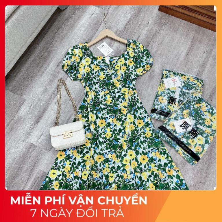 [ 𝐅𝐑𝐄𝐄 𝐒𝐇𝐈𝐏 ] VÁY HOA LÁ XANH VÀNG TO CỔ V RÚM