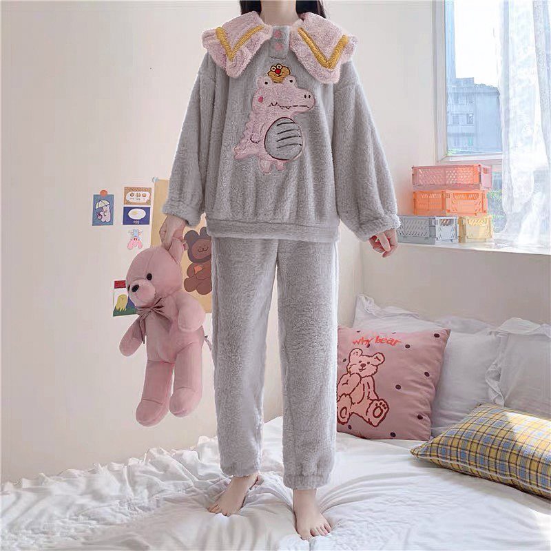 Bộ ngủ kute Nữ lông cừu cải ấm áp,giữ nhiệt tốt💜bộ thu đông mặc nhà 2 lớp, cúc dọc Unisex