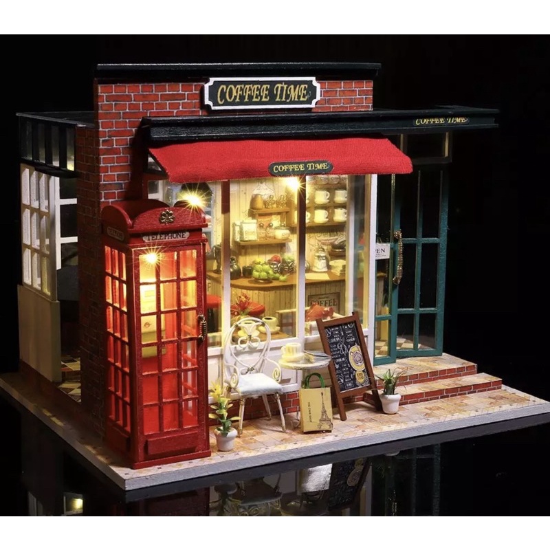 (Tặng mica,keo sữa,đèn)Mô hình quán coffee time Nhà búp bê bé tư lăp đô chơi bằng gỗ diy doll house M015