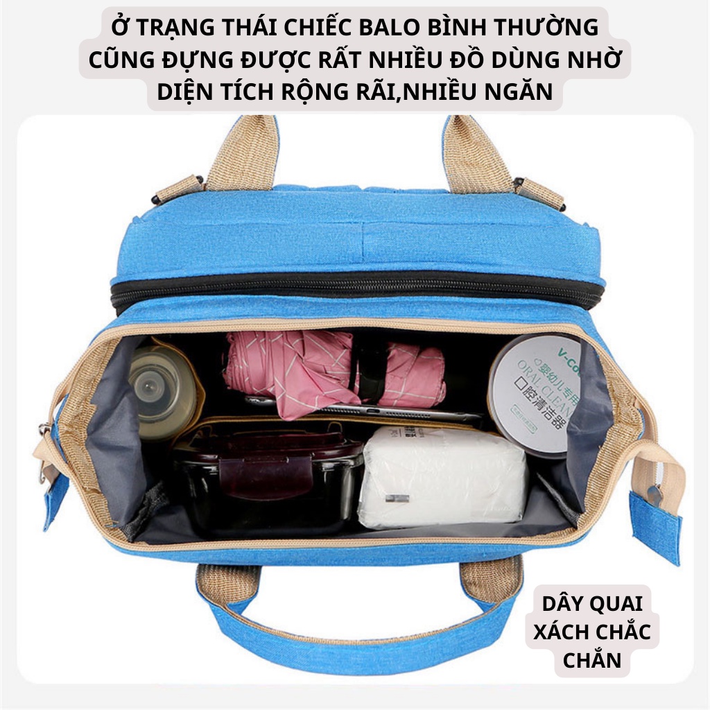 Balo bỉm sữa đa năng cao cấp, giữ nhiệt, chống thấm nước, có nôi cho bé nằm