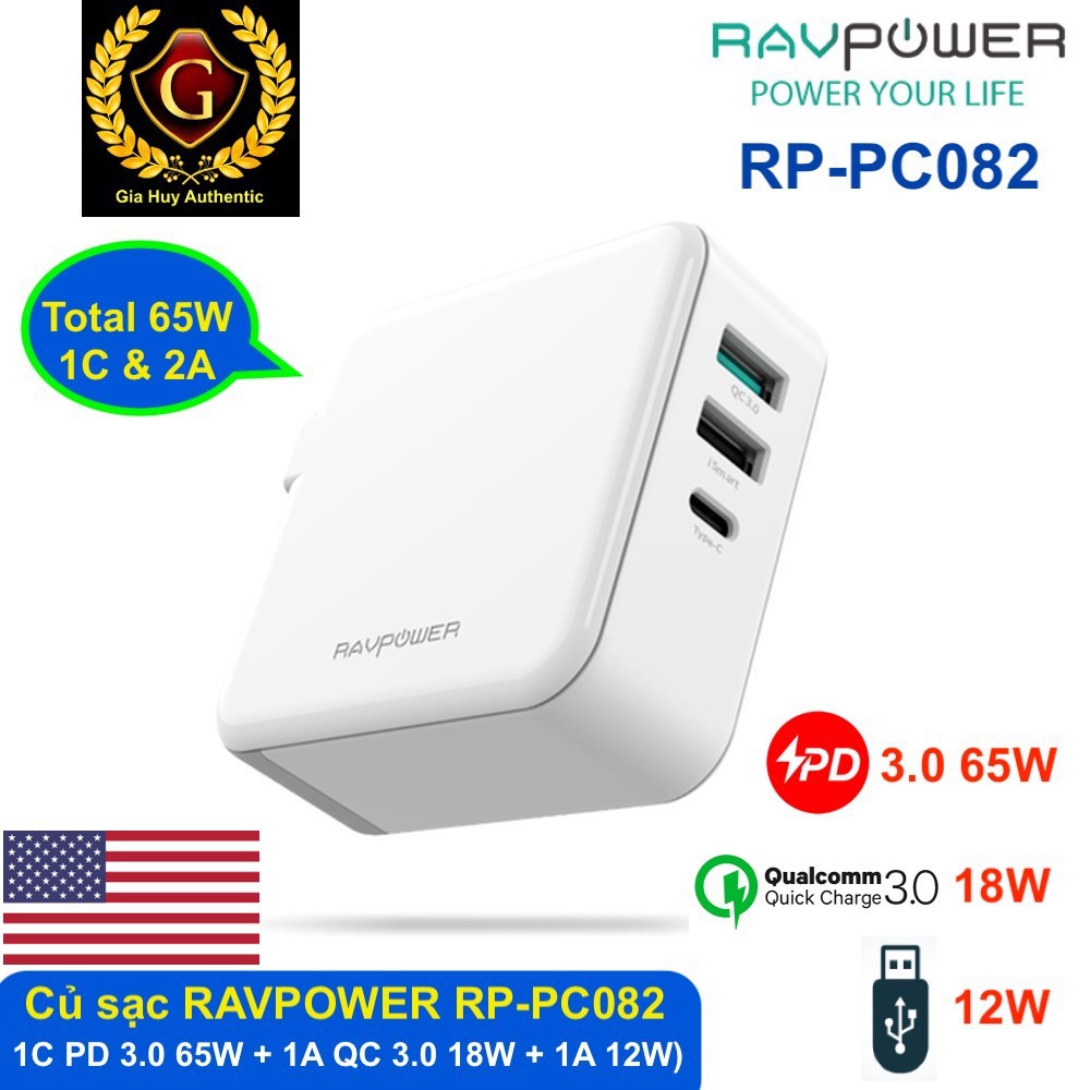 Củ sạc nhanh Macbook Pro, iPad Pro, iPhone 12 Series RavPOWER RP-PC082 PD 65W (C PD 3.0 65W + A QC 3.0 18W + A iSmart 12