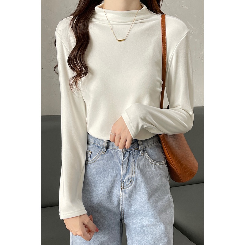 SUXI Áo thun tay dài cổ cao dáng ôm thời trang mùa thu mới dễ phối đồ cho nữ