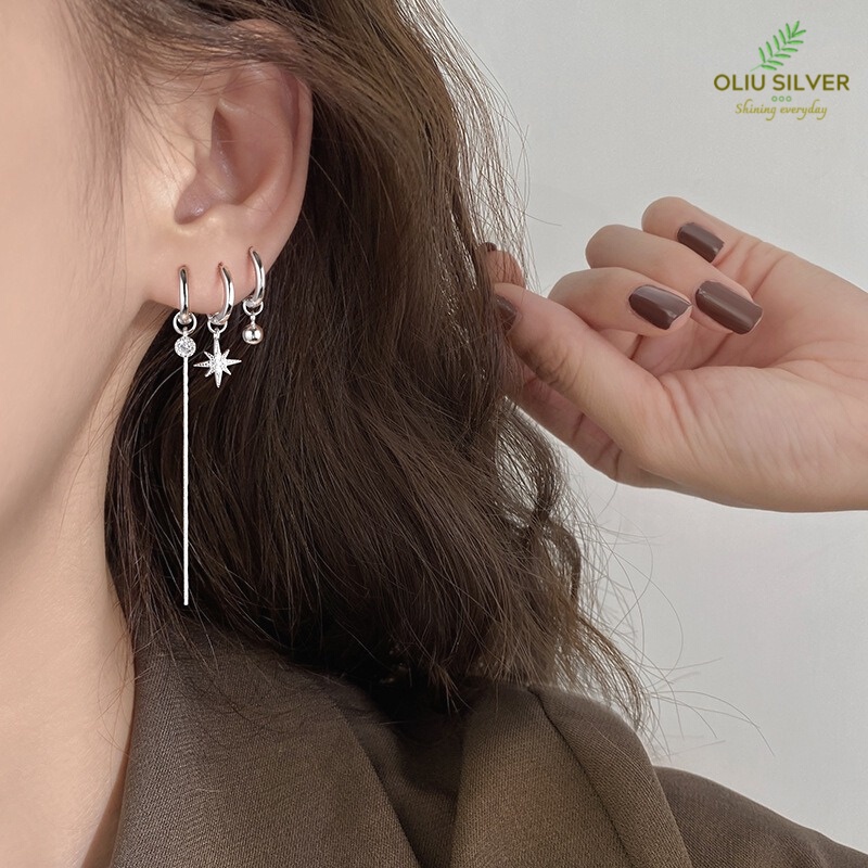 Bông Tai Bạc S925 Punk Bất Đối Xứng Nhiều Lỗ Xỏ Trẻ Trung Cá Tính | Khuyên Tai Nữ Trang Sức Bạc Thời Trang