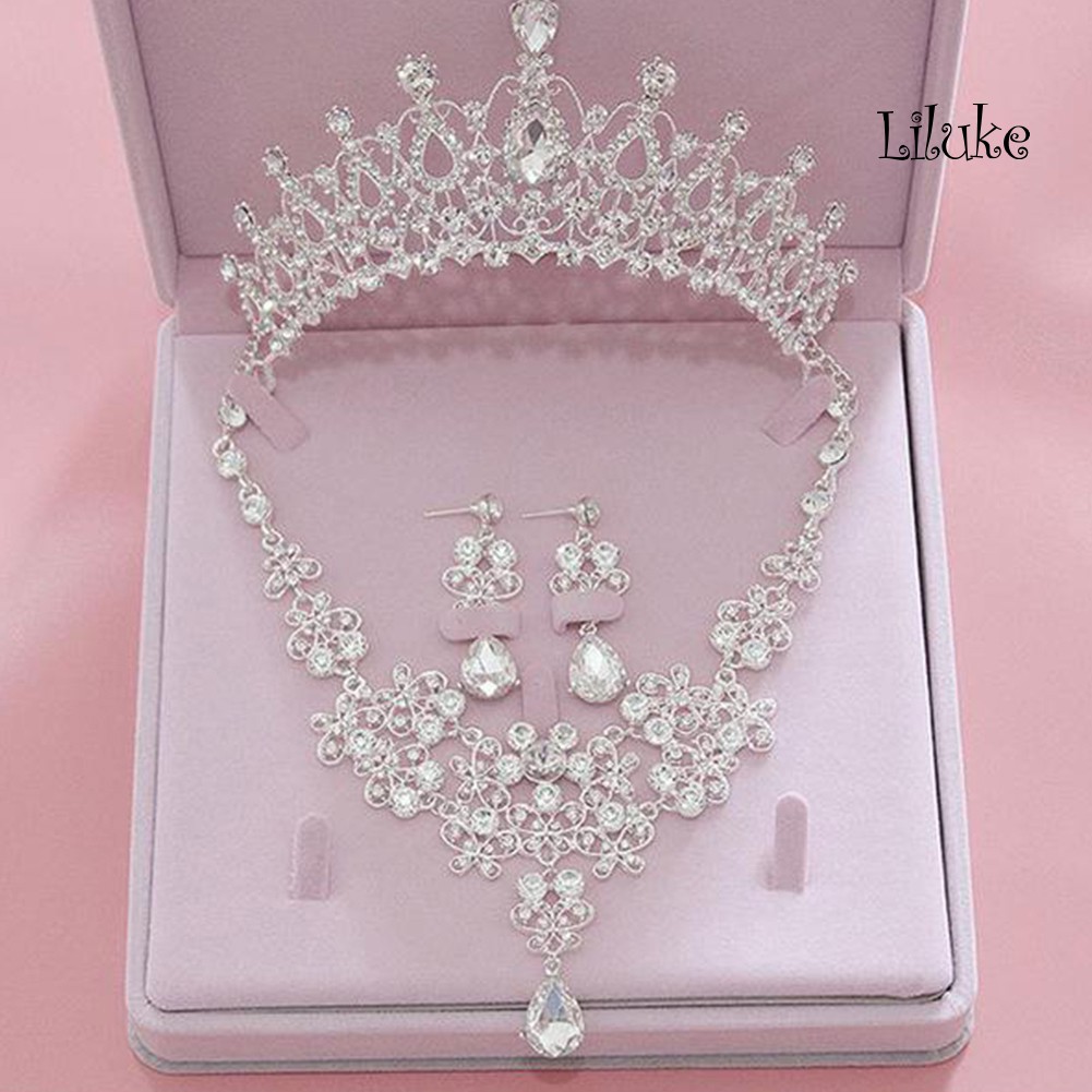 Bộ 3 Món Vòng cổ + Bông Tai + Vương Miện + Băng Đô Sang Trọng Thời Trang Cho Nữ