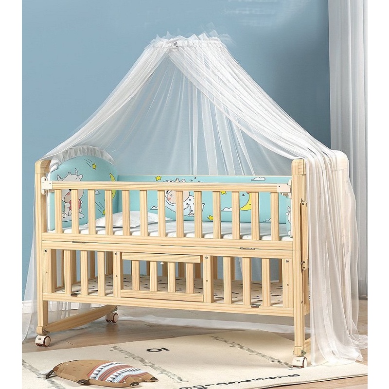 Cũi trẻ em, kèm đệm, nôi cũi 2 tầng cho bé gỗ thông kèm đệm xơ dừa, size 105*60*40cm có thanh chắn giường