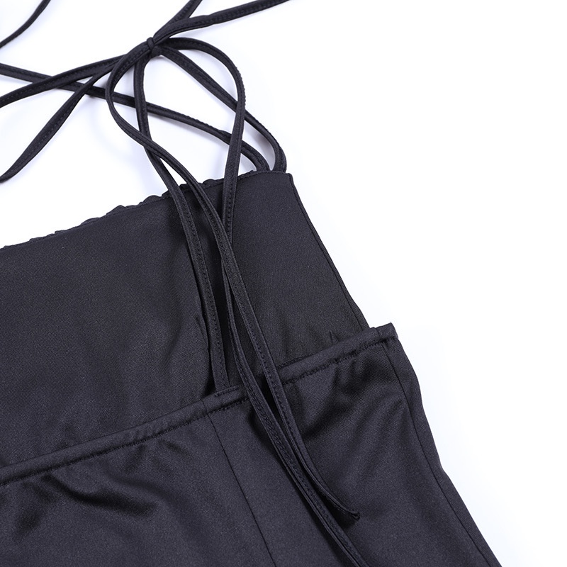 DUNEA Đầm hai dây màu đen thiết kế hở lưng cắt xẻ cao thời trang quyến rũ dành cho nữ