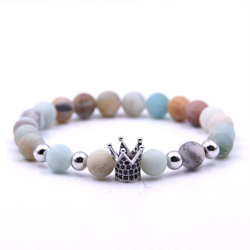 Micro Pave CZ Đồng Crown Charm Vòng Tay & Lắc Tay Bằng đá Tự Nhiên Amazonite Mờ Vòng Tay Nam Giới