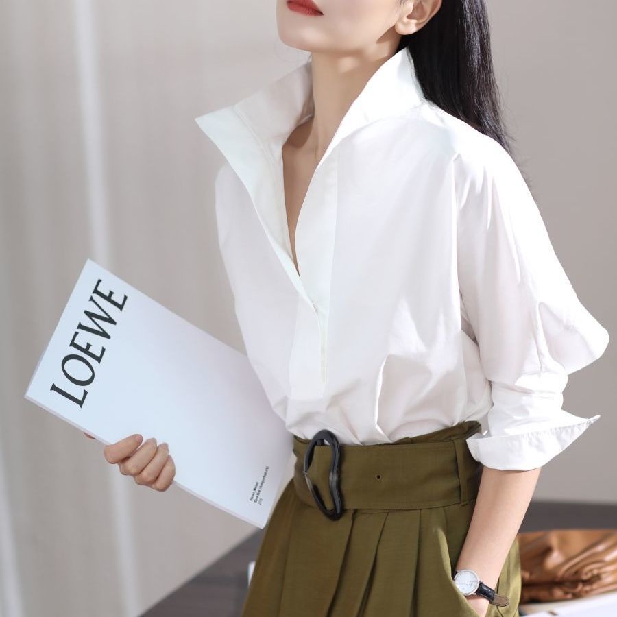 Áo sơ mi Cotton tay cánh dơi cổ đứng dáng rộng thời trang xuân thu cho nữ
