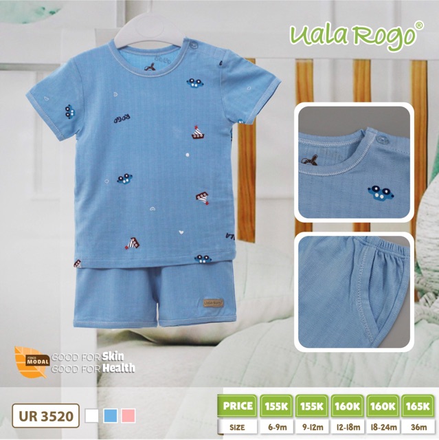 Bộ cộc tay uala rogo cài vai chui đầu chất cotton vải thủng, hoạ tiết modal, bộ bé gái cotton 2020