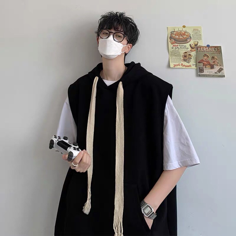 Áo Hoodie  form rộng trơn sát nách có mũ trùm đầu phối dây dài Áo HOODIE cổ tròn khồng tay nam nữ đều mặc mùa  thu đông