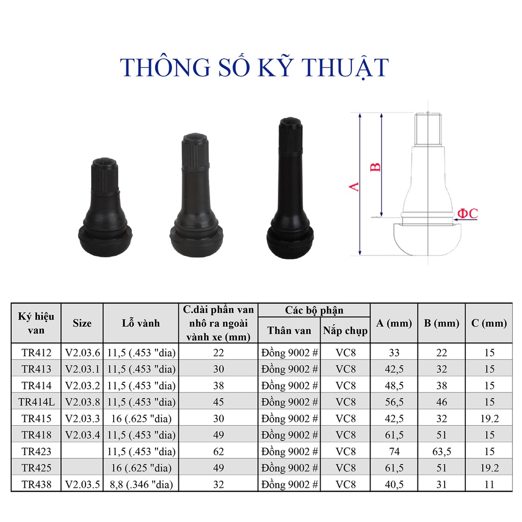 Túi 10 cái van cao su dùng cho lốp không săm