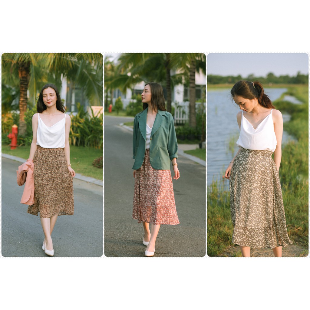 Chân váy midi chữ A dáng dài hoạ tiết hoa nhí vintage V210537 (có 4 màu: xanh rêu, tím nhạt, đỏ gạch, nâu đất)