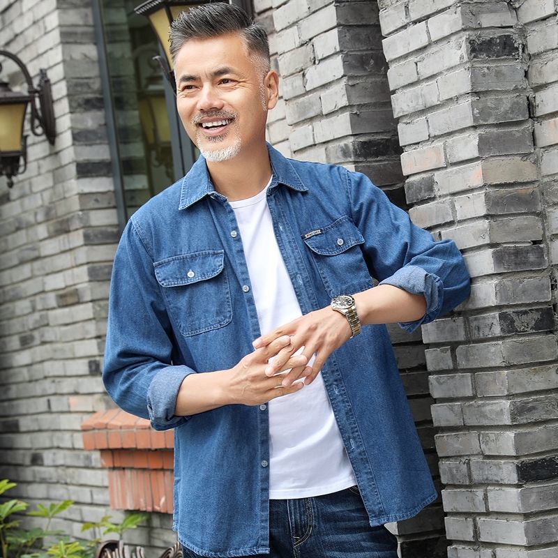 Áo Khoác denim cotton Tay Dài Dáng Rộng Thời Trang Xuân Hè Dành Cho Nam Giới Độ Tuổi Trung Niên