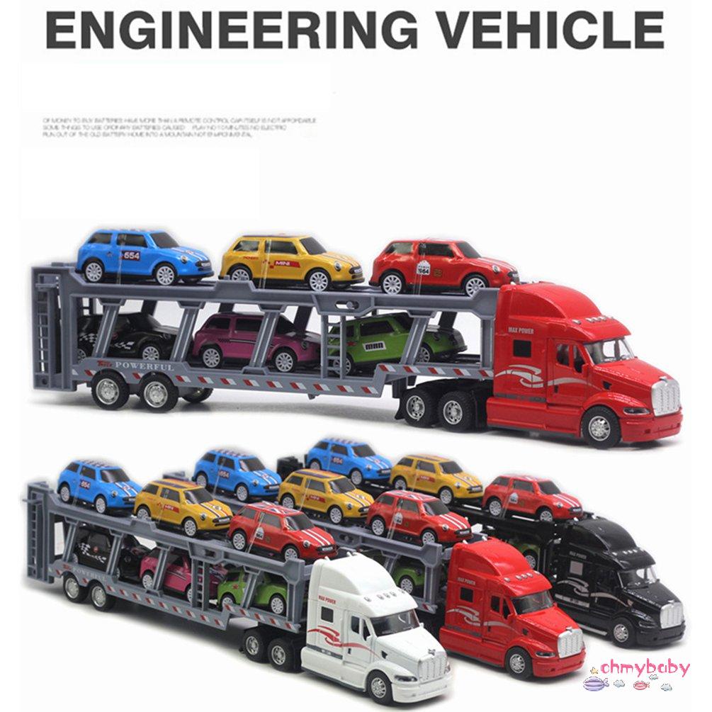 【OMB】 Car Carrier Model Big Rig Truck Hauler Trailer With 6 Race Cars Carrier Toy