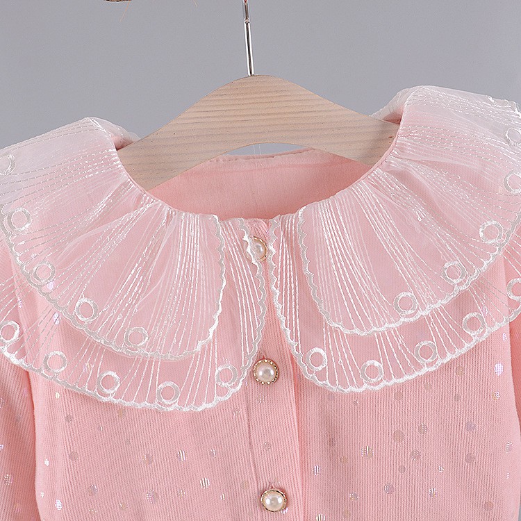 Áo khoác bé gái size 6-16kg họa tiết chấm bi phối cổ ren điệu đà  AK25