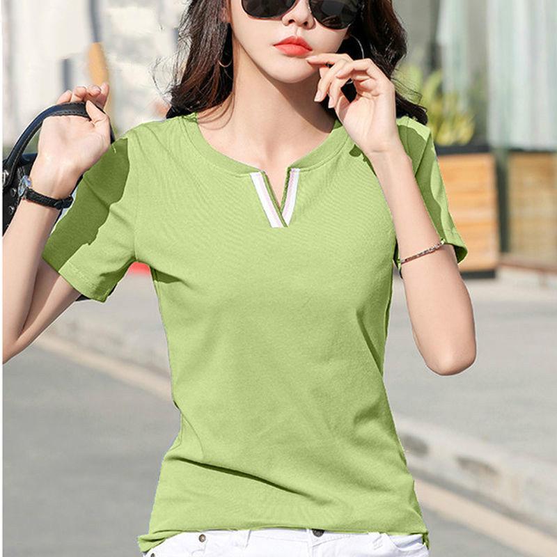 Áo Thun cotton Tay Ngắn Cổ Chữ V Dáng Rộng Màu Sắc Đơn Giản Phong Cách Hàn Quốc Dành Cho Nữ