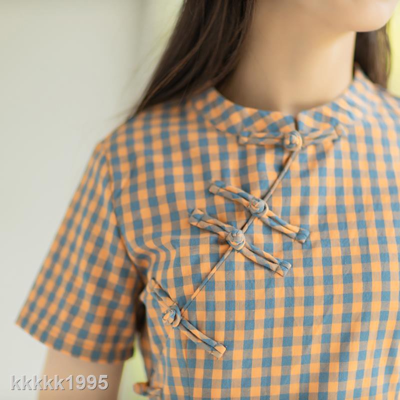 Áo Kiểu Sườn Xám Cách Tân Vải Cotton Kẻ Sọc Ca Rô Cài Nút Kiểu Retro Trung Hoa Dễ Thương