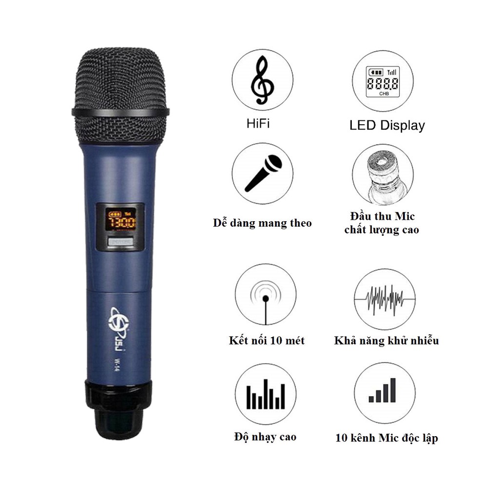 Micro karaoke không dây cao cấp JSJ W-14 tích hợp màn hình led chuyên nghiệp,bề mặt sử dụng công nghệ sơn tĩnh điện