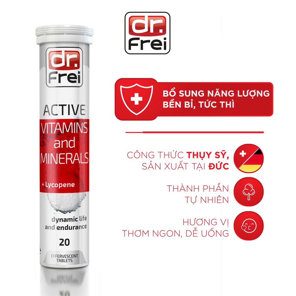 Viên Sủi Cung cấp năng lượng Dr. Frei Active Vitamins and Minerals + Lycopene (20 Viên)